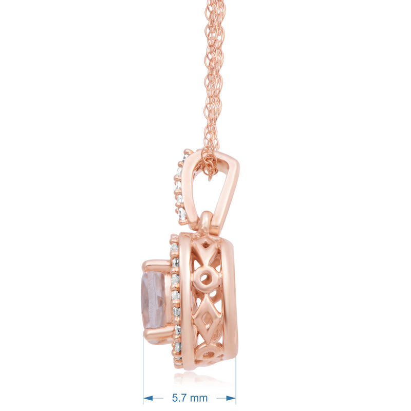 Jewelili Halo Pendant Necklace with Cushion Morganite Natural White Round Diamond in 10K Rose Gold 1/10 CTTW View 4