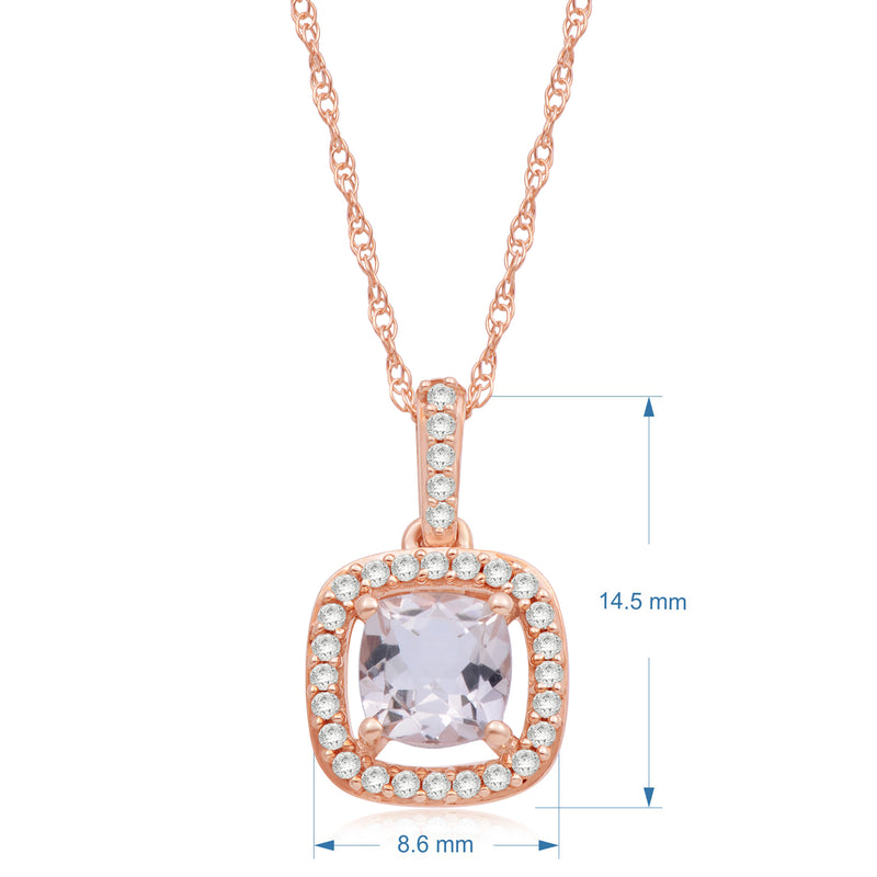 Jewelili Halo Pendant Necklace with Cushion Morganite Natural White Round Diamond in 10K Rose Gold 1/10 CTTW View 2