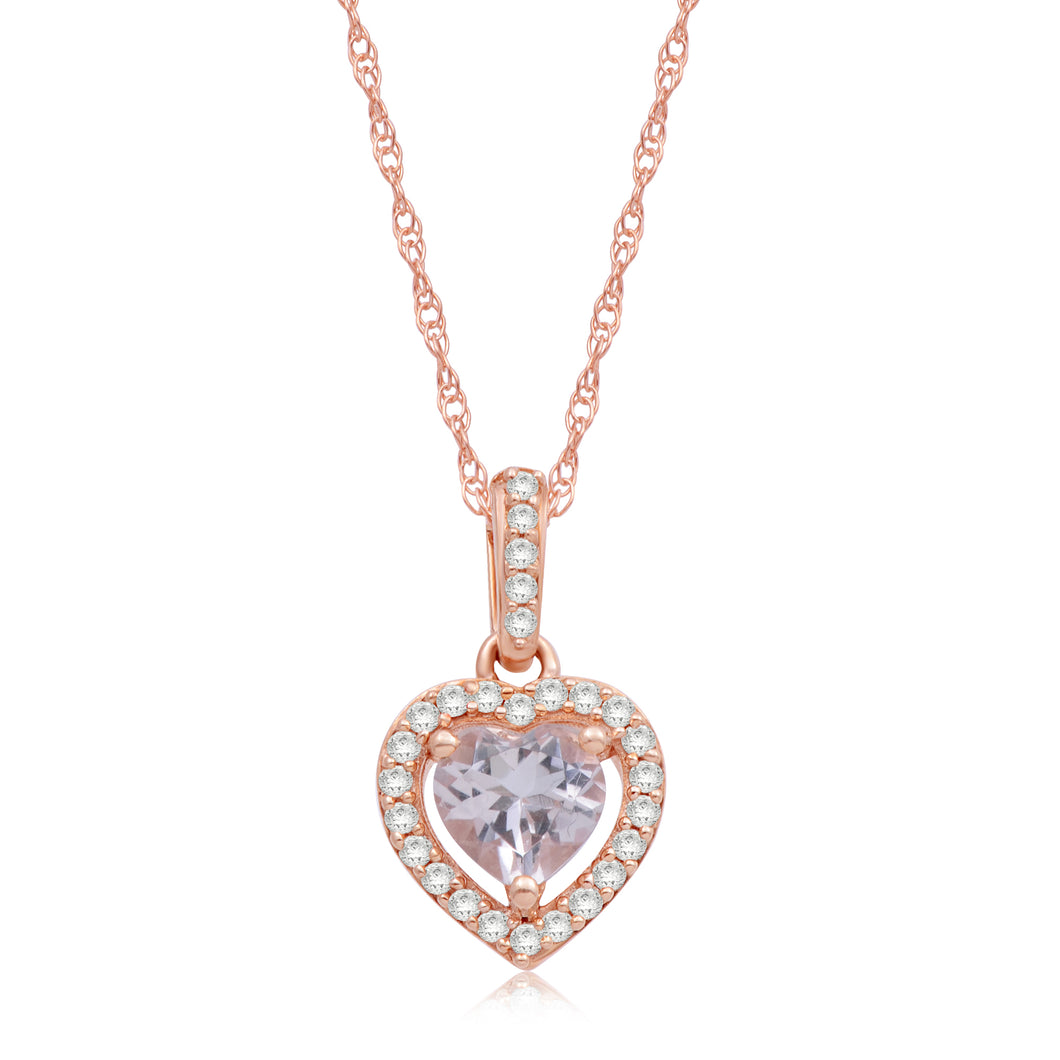 Jewelili Heart Pendant Necklace with Cushion Morganite Natural White Round Diamond in 10K Rose Gold 1/10 CTTW