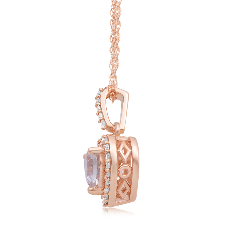Jewelili Heart Pendant Necklace with Cushion Morganite Natural White Round Diamond in 10K Rose Gold 1/10 CTTW View 1