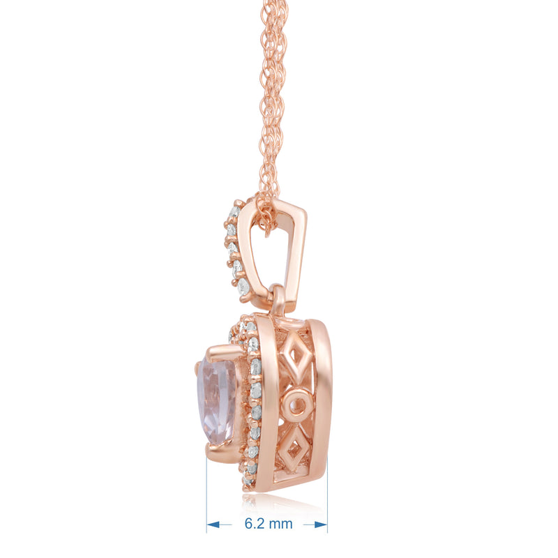 Jewelili Heart Pendant Necklace with Cushion Morganite Natural White Round Diamond in 10K Rose Gold 1/10 CTTW View 3