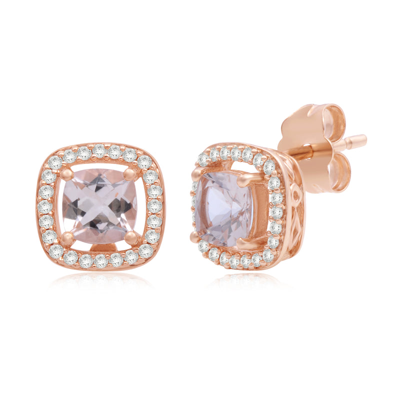 Jewelili Halo Stud Earrings with Cushion Cut Morganite and Natural White Round Diamond in 10K Rose Gold 1/6 CTTW