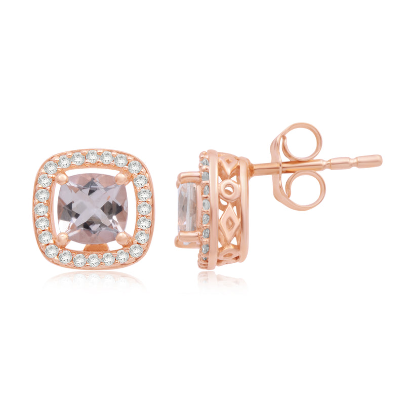 Jewelili Halo Stud Earrings with Cushion Cut Morganite and Natural White Round Diamond in 10K Rose Gold 1/6 CTTW view 2