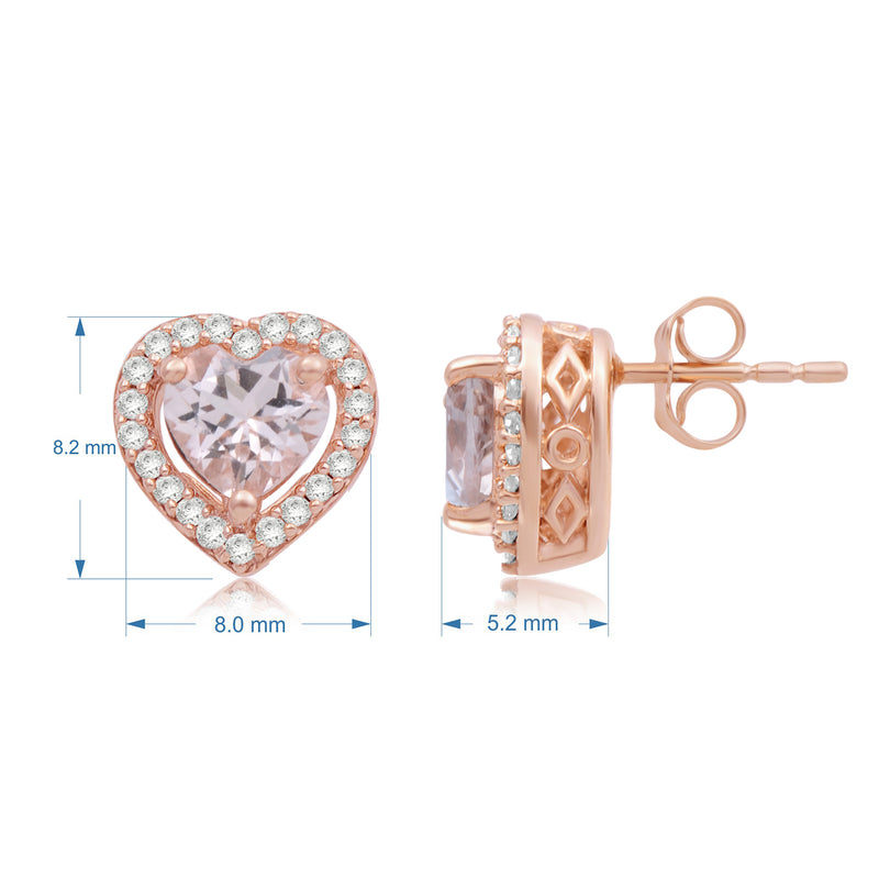 Jewelili Heart Stud Earrings with Heart Cut Morganite and Natural White Round Diamond in 10K Rose Gold 1/6 CTTW View 5