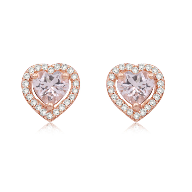 Jewelili Heart Stud Earrings with Heart Cut Morganite and Natural White Round Diamond in 10K Rose Gold 1/6 CTTW View 3