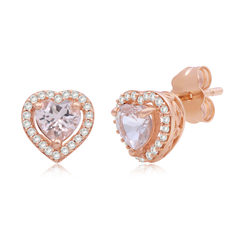 Jewelili Heart Stud Earrings with Heart Cut Morganite and Natural White Round Diamond in 10K Rose Gold 1/6 CTTW View 1