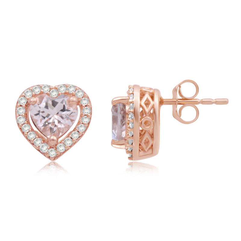Jewelili Heart Stud Earrings with Heart Cut Morganite and Natural White Round Diamond in 10K Rose Gold 1/6 CTTW View 4