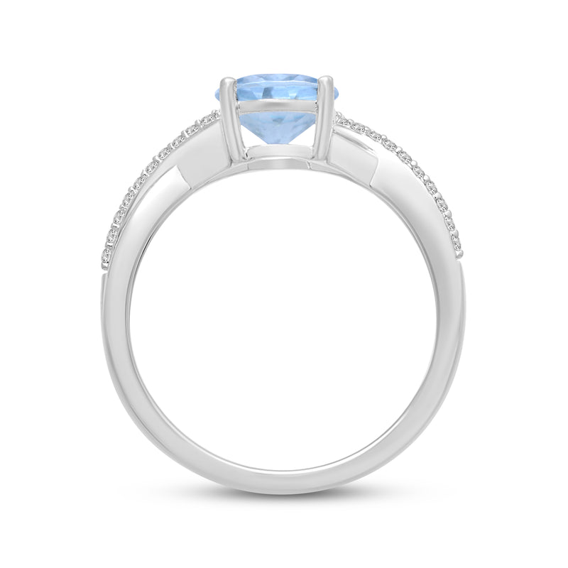 Jewelili Sterling Silver Oval Cut Aquamarine and Round Created White Sapphire Twisted Halo Engagement Ring