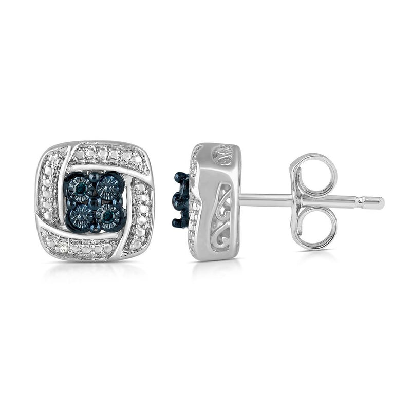 Jewelili Stud Earrings with Treated Blue Diamonds and White Natural Diamonds in Sterling Silver View 3