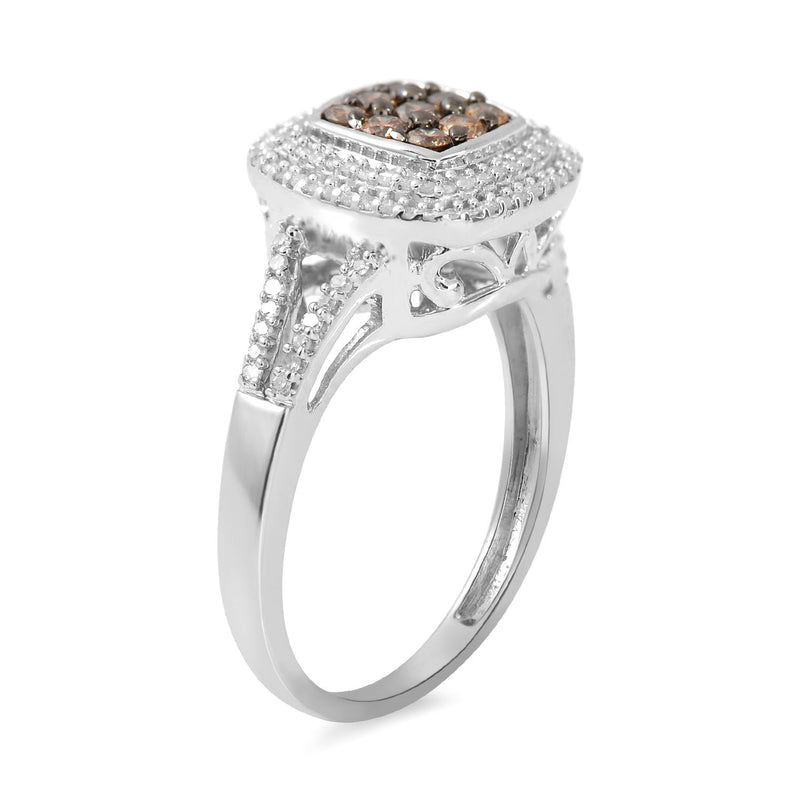 Jewelili Sterling Silver With 1/2 CTTW White Diamond and Champange Diamonds Ring