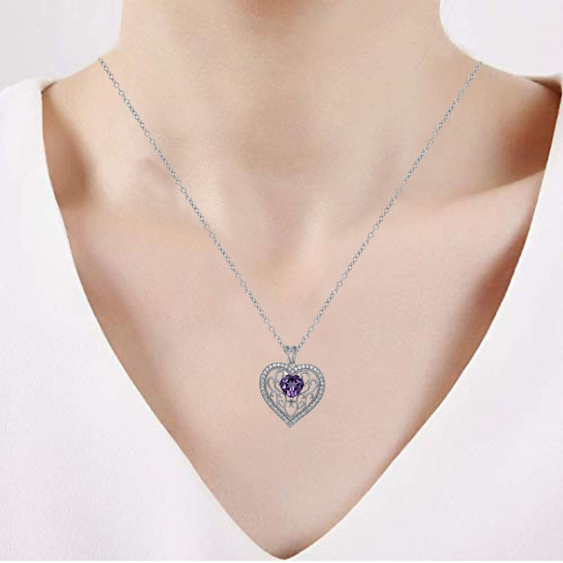 Jewelili Sterling Silver Heart Cut Amethyst and Round Created White Sapphire Heart Pendant Necklace