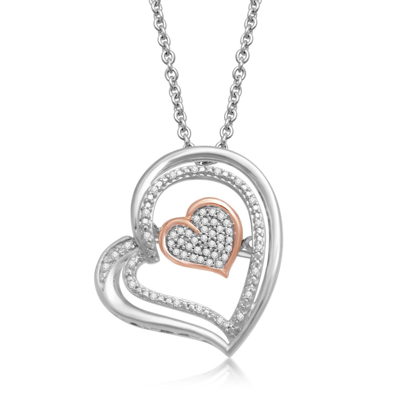 Jewelili Sterling Silver and 10K Rose Gold With 1/10 CTTW Diamonds Two Tone Heart Pendant Necklace