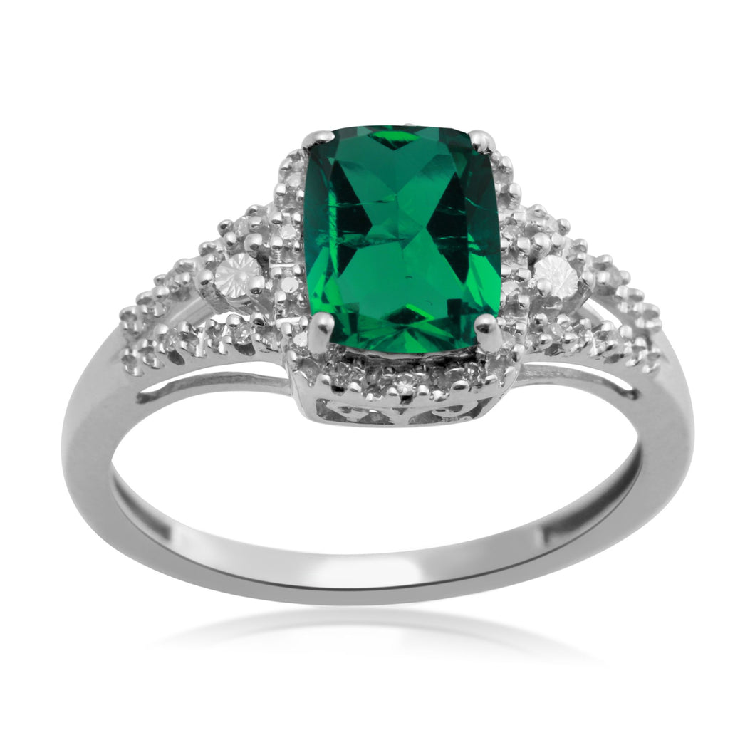 Jewelili Ring with Simulated Emerald and Round Diamonds in 10K White Gold View 1