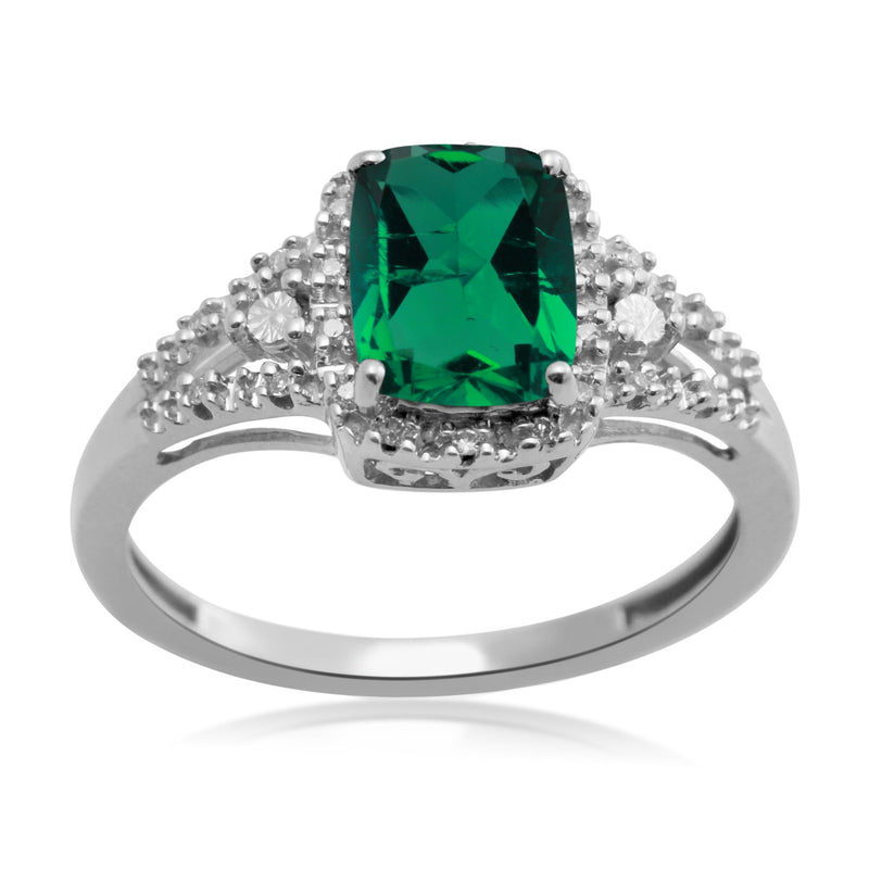 Jewelili Halo Ring with Octagon Created Emerald and Created White Sapphire in Sterling Silver View 1