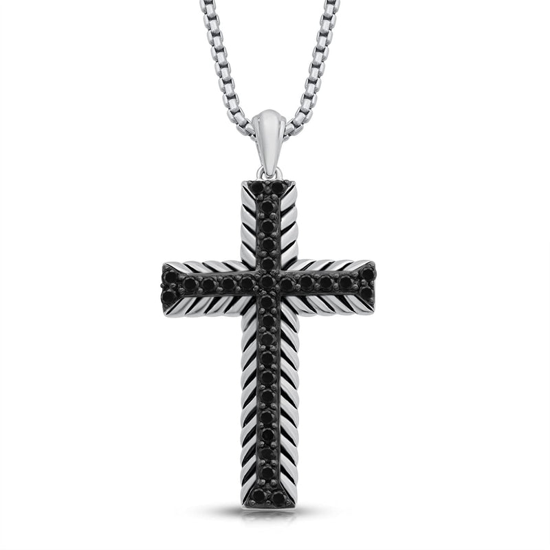 Jewelili Sterling Silver With 1/2 CTTW Treated Black Round Diamonds Men's Cross Pendant Necklace