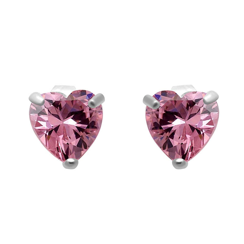 Jewelili 10K White Gold With Heart Shape Pink Cubic Zirconia Stud Earrings