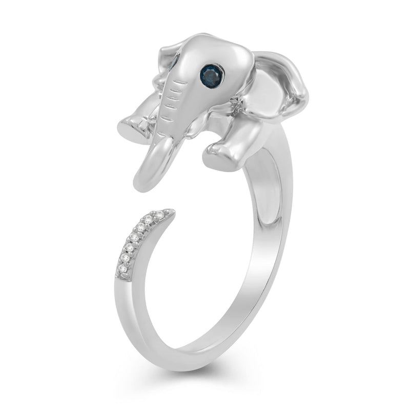 Jewelili Elephant Ring with Treated Blue Diamonds and White Diamonds in Sterling Silver View 4