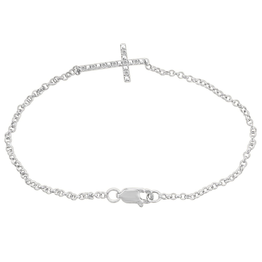 Jewelili Sideways Cross Bracelet with Natural White Diamond in Sterling Silver 1/10 CTTW