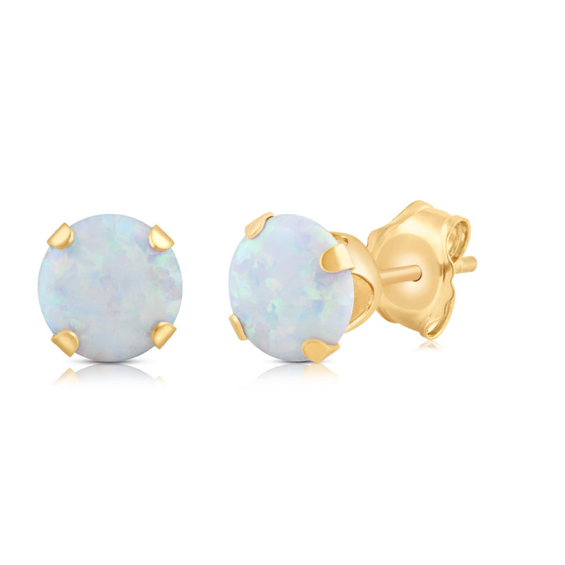Jewelili Stud Earrings with Round Shape Created Opal in Yellow Gold