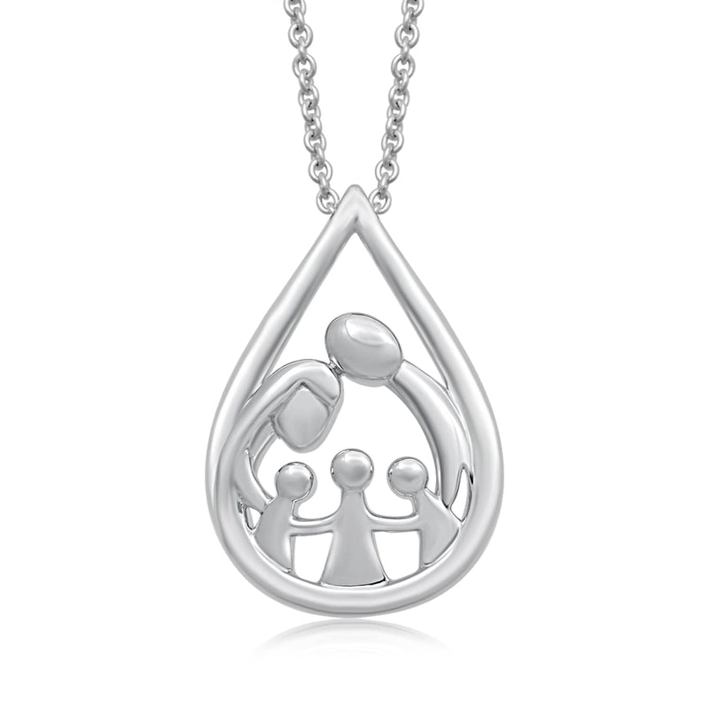 Jewelili Sterling Silver With Parent and Three Children Family Teardrop Pendant Necklace