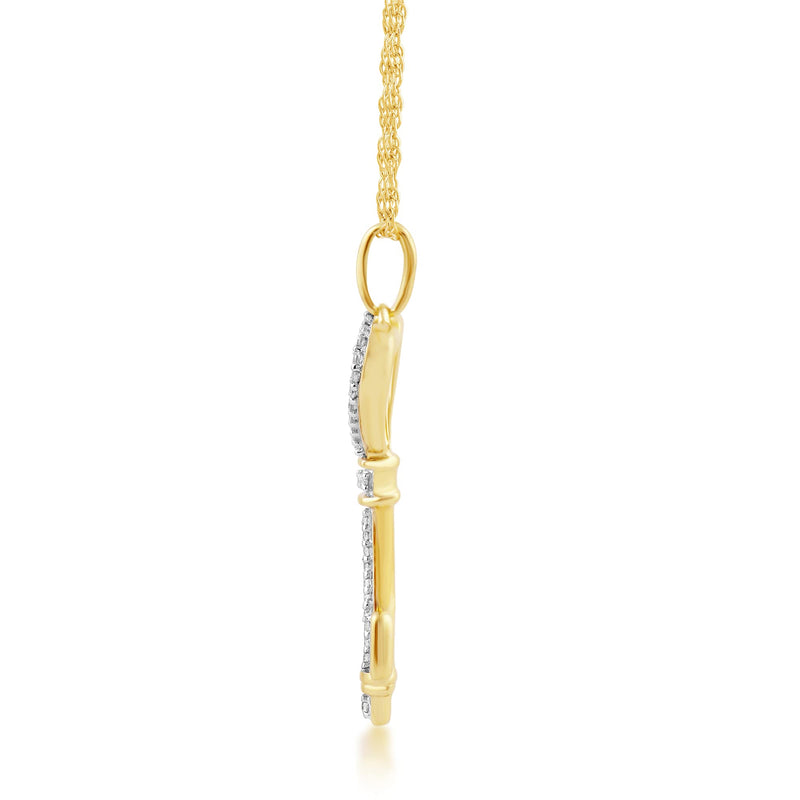Jewelili 10K Yellow Gold With 1/10 CTTW Natural White Round Diamonds Heart Key Pendant Necklace