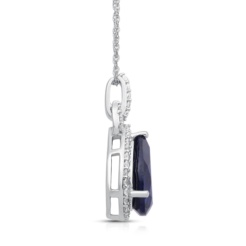 Jewelili Teardrop Pendant Necklace with Created Sapphire and Created White Sapphire with Natural White Diamonds in 10K White Gold View 2