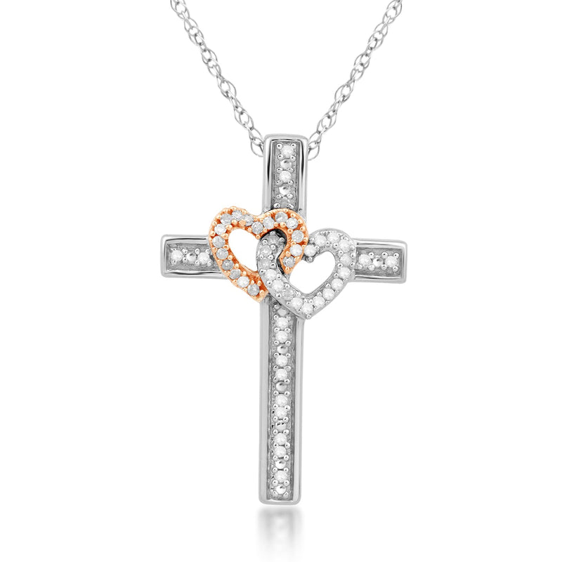 Jewelili Diamond Double Heart Cross Pendant Necklace in 10K Rose Gold over Sterling Silver 1/10 CTTW 