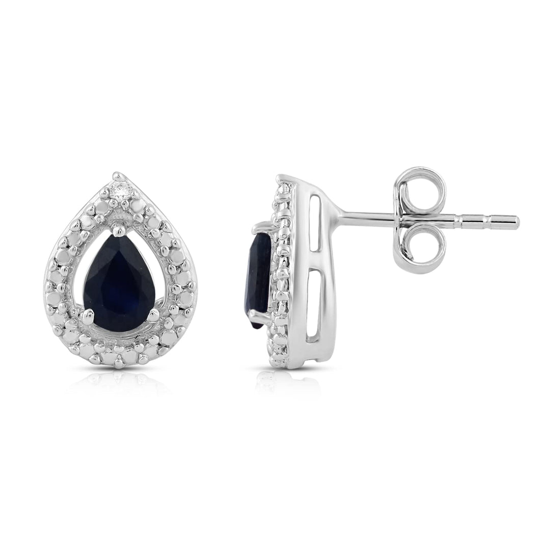 Jewelili Teardrop Drop Earrings with Pear Shape Genuine Blue Sapphire and Natural White Round Shape Diamonds in Sterling Silver View 1