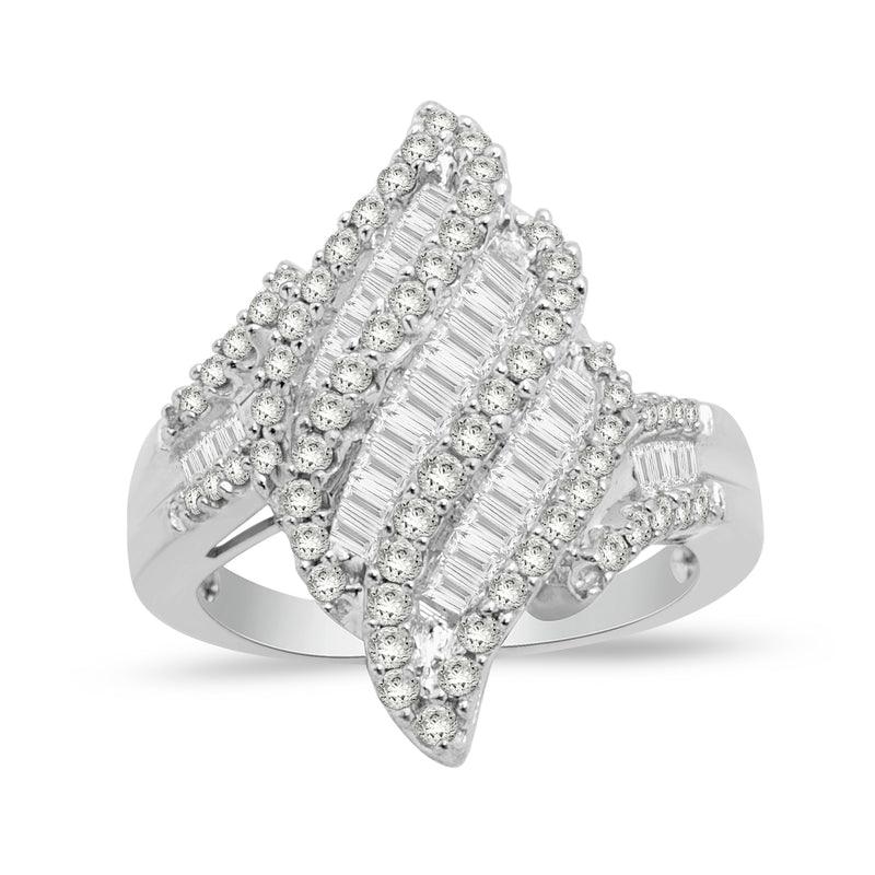 Jewelili 10K White Gold With 1.00 CTTW Baguette and Round Natural White Diamonds Cluster Ring