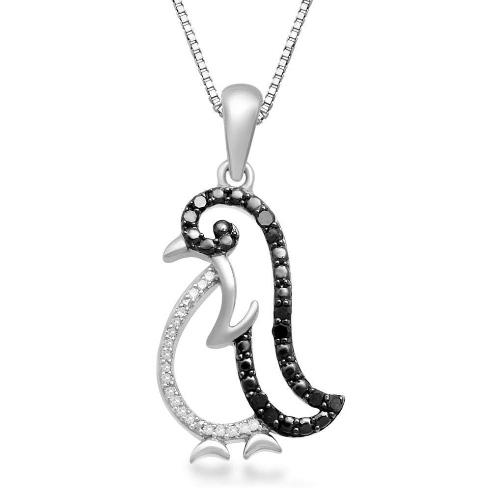 Jewelili Sterling Silver With 1/10 CTTW Treated Black and White Natural Diamond Penguin Pendant Necklace