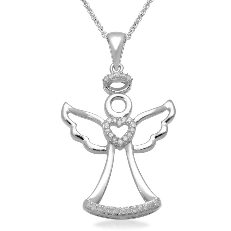 Jewelili Sterling Silver 1/10 CTTW White Diamonds Angel with Heart Pendant Necklace