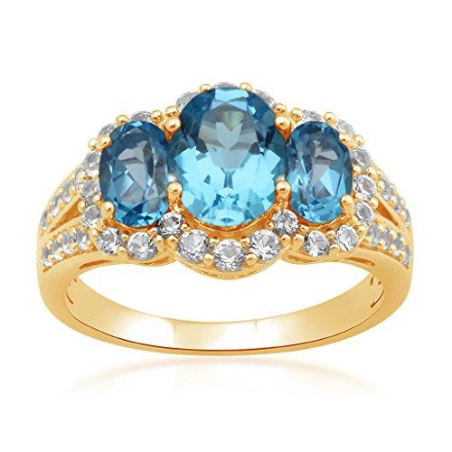 Jewelili Three Stone Ring with Gold Over Blue Topaz Oval and Created White Sapphire in Sterling Silver