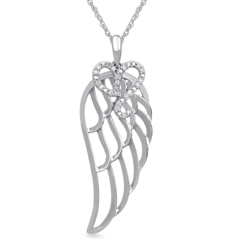 Jewelili Angel Wing Pendant Necklace with Natural White Round Diamonds in Sterling Silver 1/10 CTTW