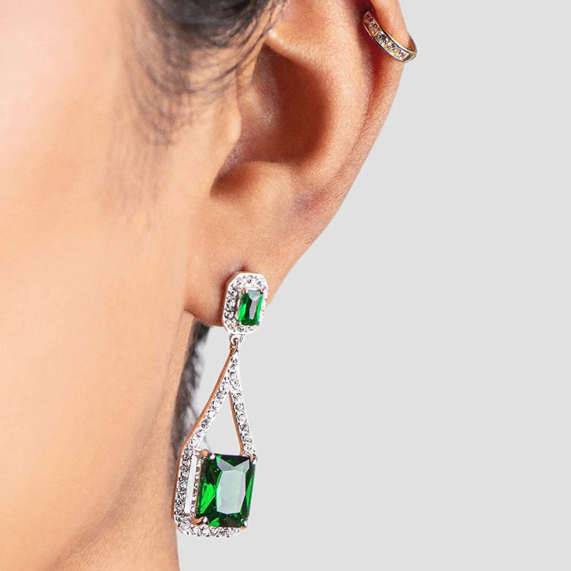Jewelili Long Dangle Earrings with Octagon Simulated Green Glass Emerald and Clear Crystal in Sterling Silver View 2