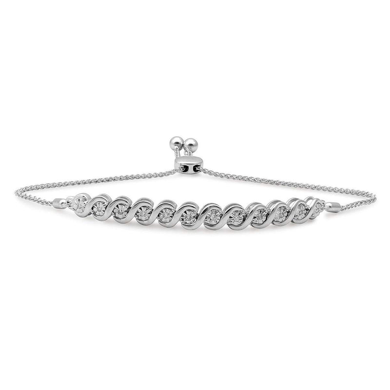 Jewelili Bolo Bracelet with White Round Diamonds Adjustable Length in Sterling Silver 1/10 CTTW