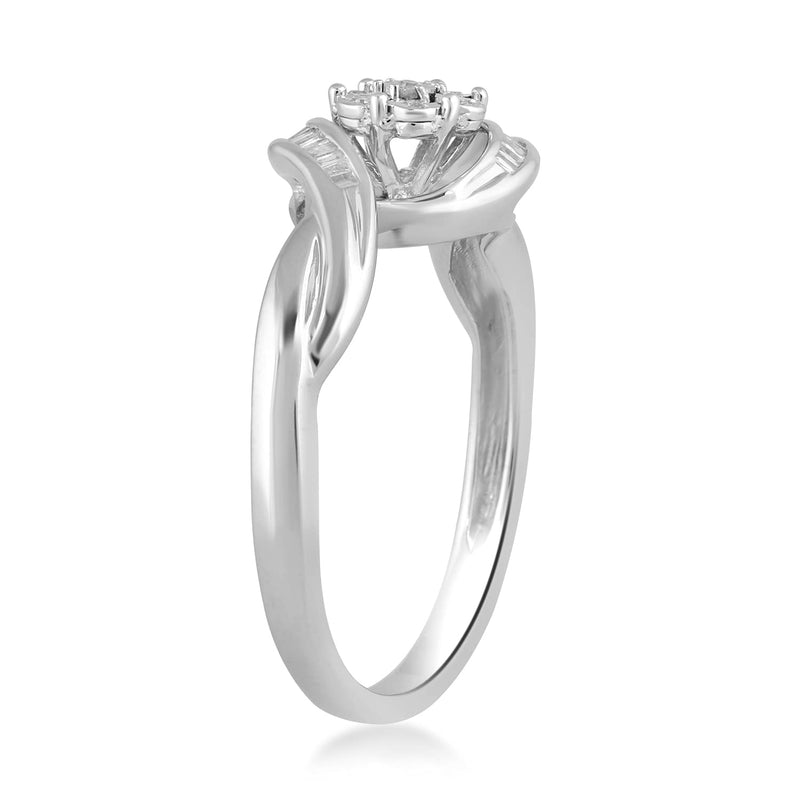 Jewelili Sterling Silver with 1/10 CTTW Natural White Round and Baguette Shape Diamonds Engagement Ring