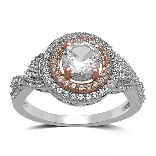 Jewelili Halo Ring with Round Shape Created White Sapphire in 14K Rose Gold over Sterling Silver
