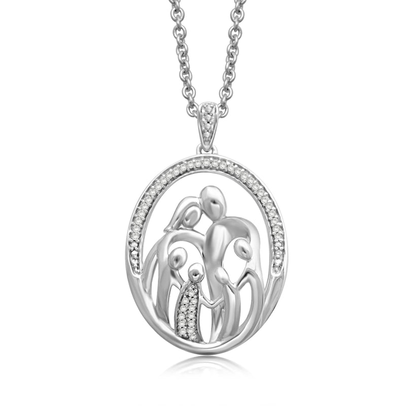 Jewelili Sterling Silver With 1/10 CTTW Natural White Diamonds Parent and Four Children Family Necklace Pendant