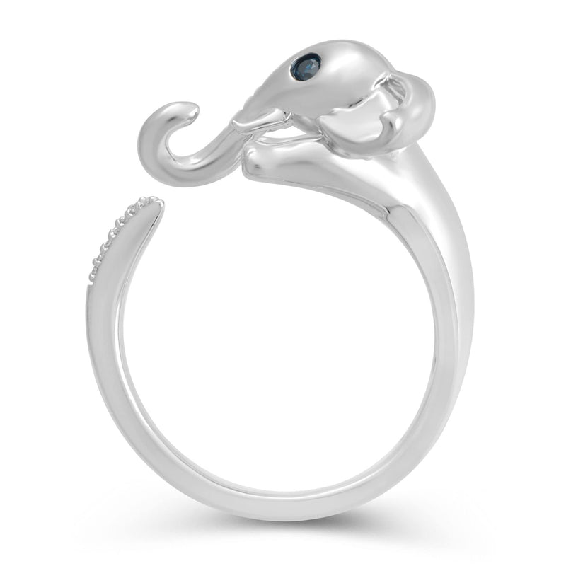 Jewelili Elephant Ring with Treated Blue Diamonds and White Diamonds in Sterling Silver View 3