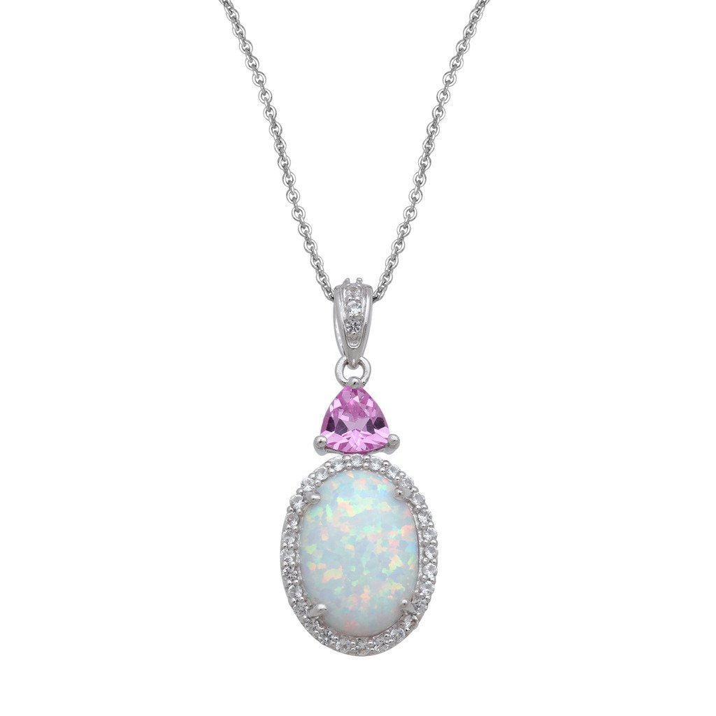 Jewelili Sterling Silver with Cabochon Oval Created Opal with Trill Created Pink Sapphire and Round Created White Sapphire Pendant Necklace