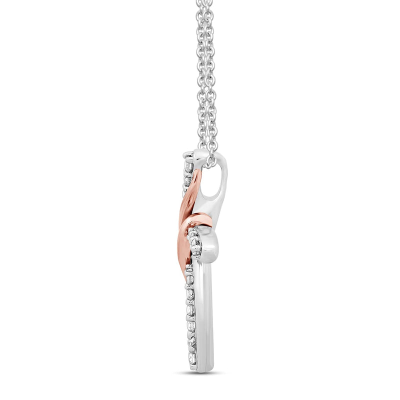 Jewelili Sterling Silver and 10K Rose Gold With 1/6 CTTW Natural White Round Diamonds Curved Cross Pendant Necklace