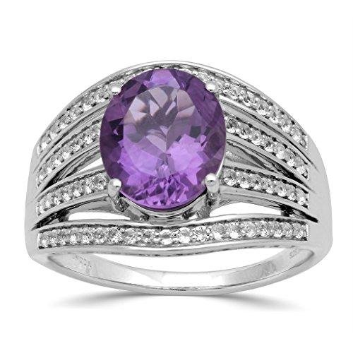 Jewelili Ring Oval Shape Amethyst with Round White Topaz and Natural Emerald Ring in Sterling Silver View 1