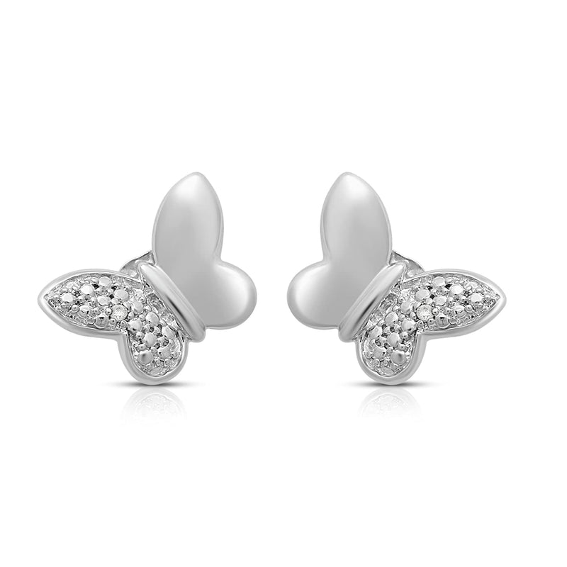 Jewelili Butterfly Stud Earrings with Round Natural White Diamonds in Sterling Silver View 4