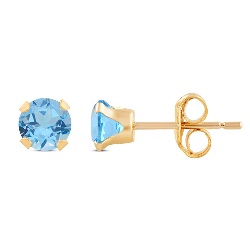 Jewelili Stud Earrings with Round Shape Swiss Blue Topaz in Yellow Gold view 3