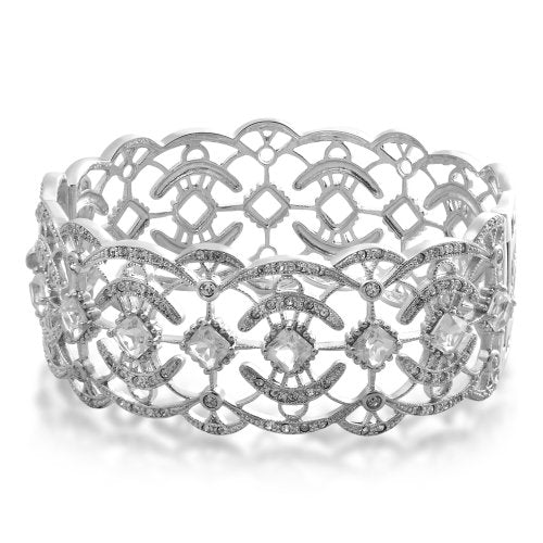Jewelili Sterling Silver White Topaz and Clear Crystal Bangle