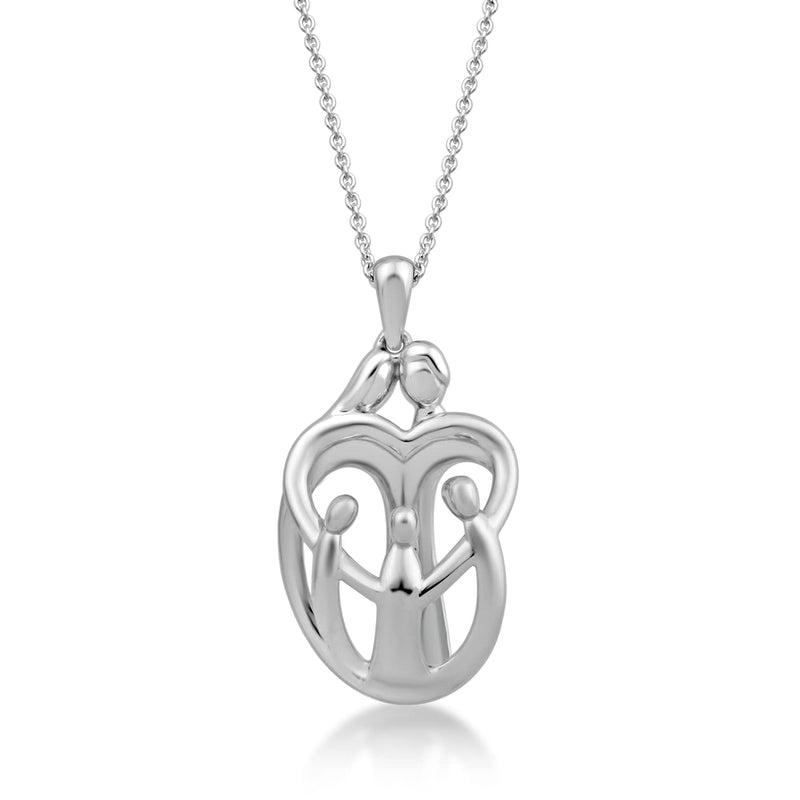 Jewelili Sterling Silver With Parents and Three Children Family Heart Pendant Necklace