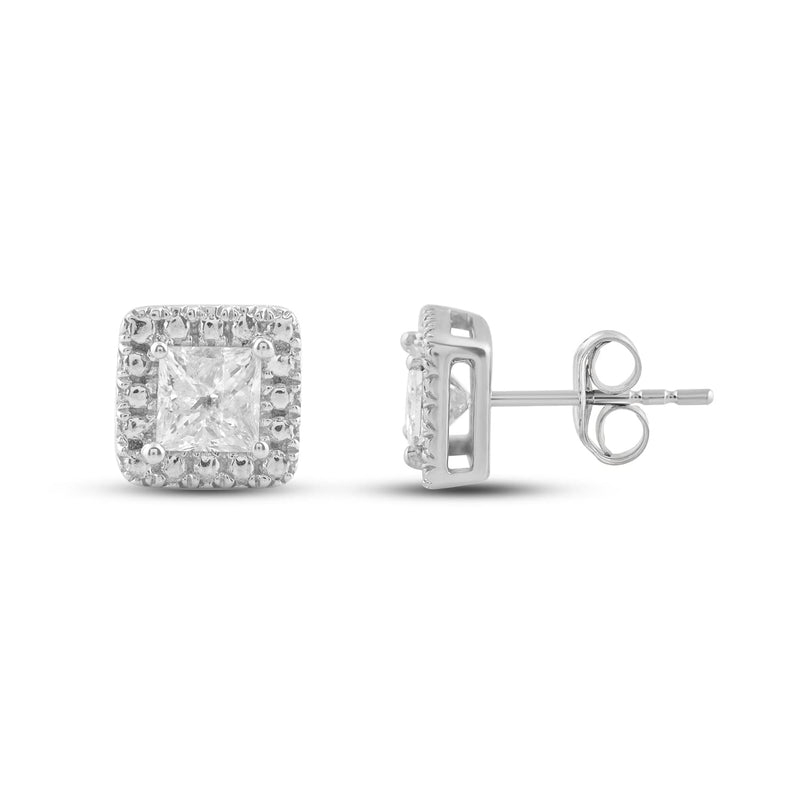 Jewelili Stud Earrings with Princess Cut Diamonds in 10K White Gold 1/2 CTTW View 3