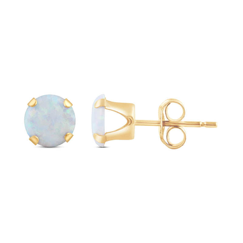 Jewelili Stud Earrings with Round Shape Created Opal in Yellow Gold view 4