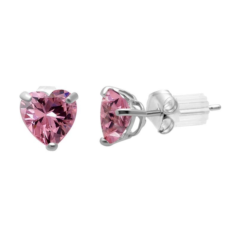 Jewelili 10K White Gold With Heart Shape Pink Cubic Zirconia Stud Earrings