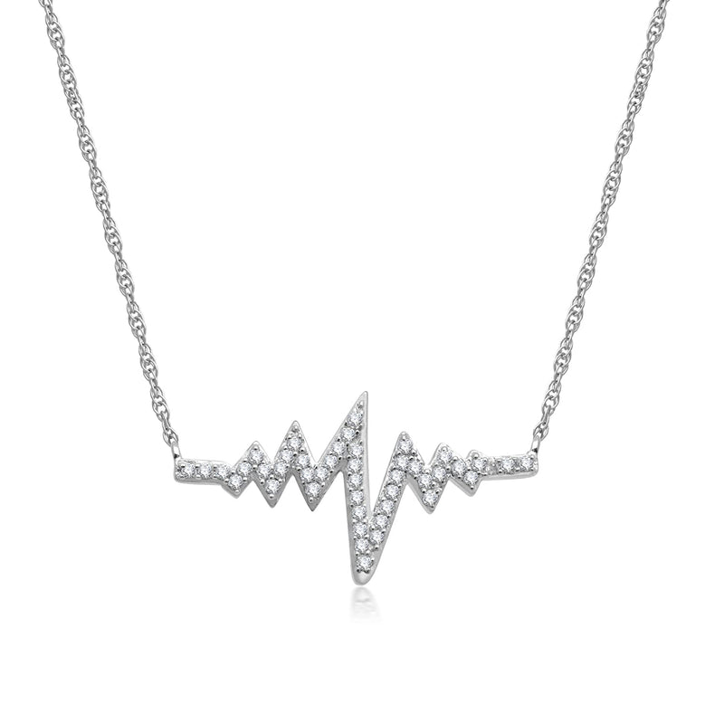 Jewelili Sterling Silver With 1/6 CTTW Natural White Round Diamonds Heart Beat Pendant Necklace